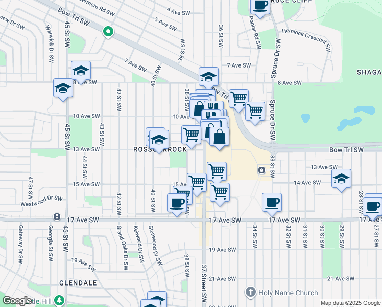 map of restaurants, bars, coffee shops, grocery stores, and more near 3817 13 Avenue Southwest in Calgary