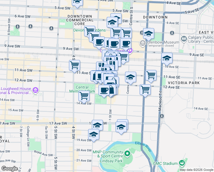 map of restaurants, bars, coffee shops, grocery stores, and more near 211 12 Avenue Southwest in Calgary