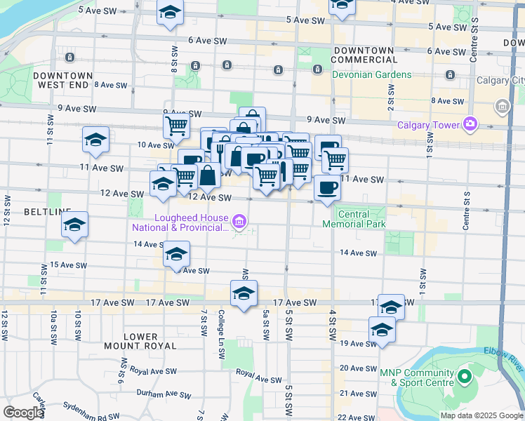 map of restaurants, bars, coffee shops, grocery stores, and more near 1200 6 Street Southwest in Calgary