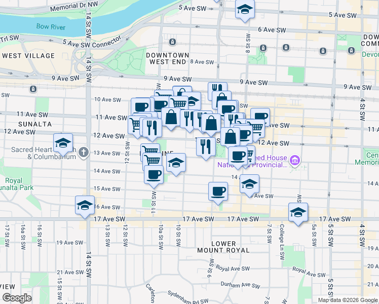 map of restaurants, bars, coffee shops, grocery stores, and more near in Calgary