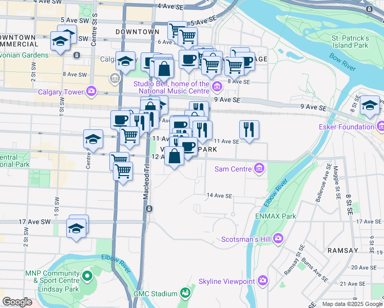 map of restaurants, bars, coffee shops, grocery stores, and more near 411 11 Avenue Southeast in Calgary