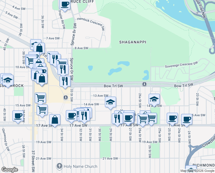 map of restaurants, bars, coffee shops, grocery stores, and more near 3005 Bow Trail Southwest in Calgary