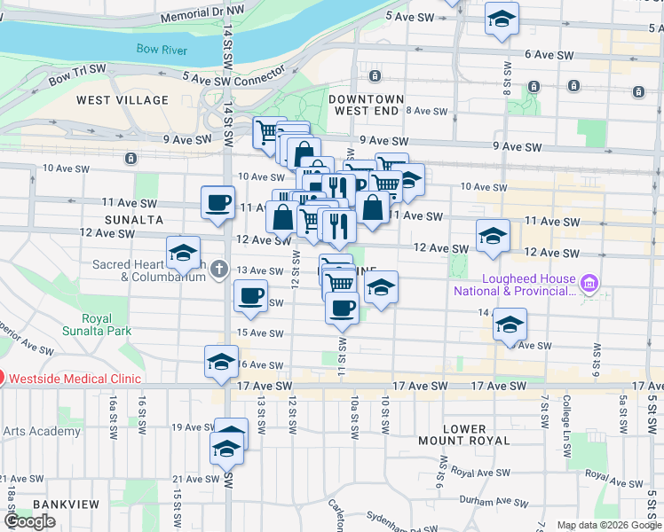 map of restaurants, bars, coffee shops, grocery stores, and more near 1212 13 Avenue Southwest in Calgary