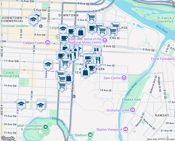 map of restaurants, bars, coffee shops, grocery stores, and more near 1188 3 Street Southeast in Calgary