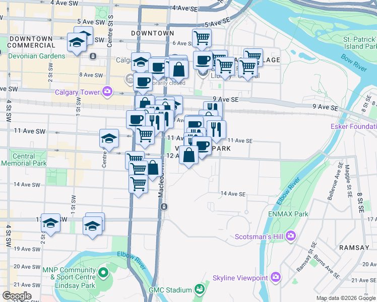map of restaurants, bars, coffee shops, grocery stores, and more near 403a 11 Avenue Southeast in Calgary