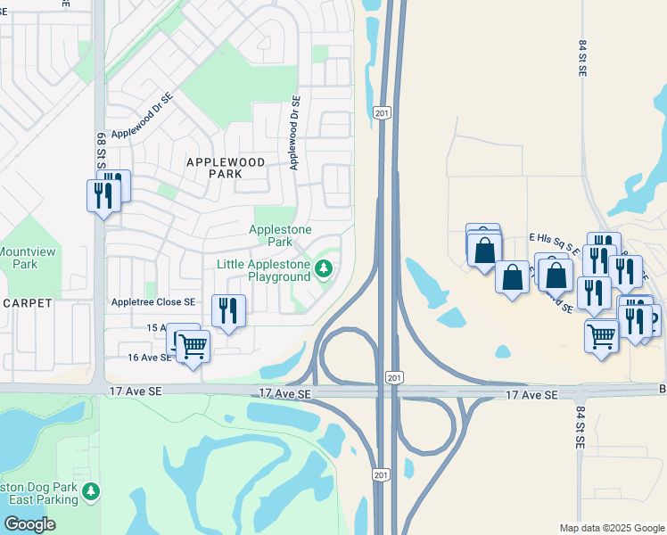 map of restaurants, bars, coffee shops, grocery stores, and more near Applestone Place Southeast in Calgary