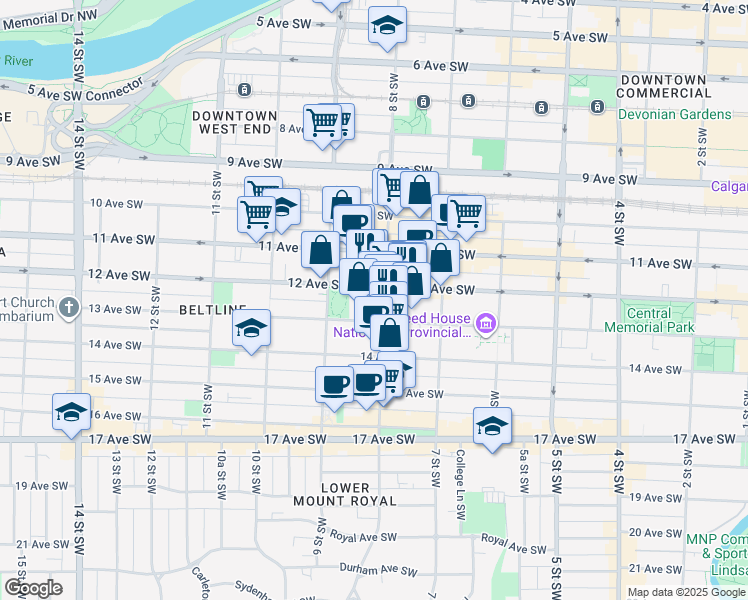 map of restaurants, bars, coffee shops, grocery stores, and more near 912 12 Avenue Southwest in Calgary