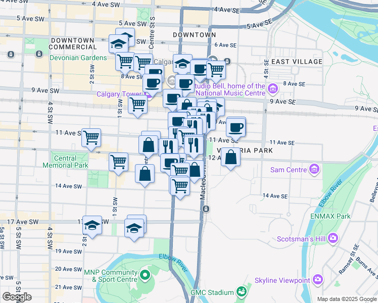 map of restaurants, bars, coffee shops, grocery stores, and more near in Calgary