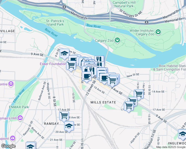map of restaurants, bars, coffee shops, grocery stores, and more near 1235 8 Avenue Southeast in Calgary