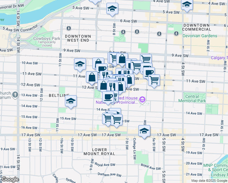 map of restaurants, bars, coffee shops, grocery stores, and more near in Calgary