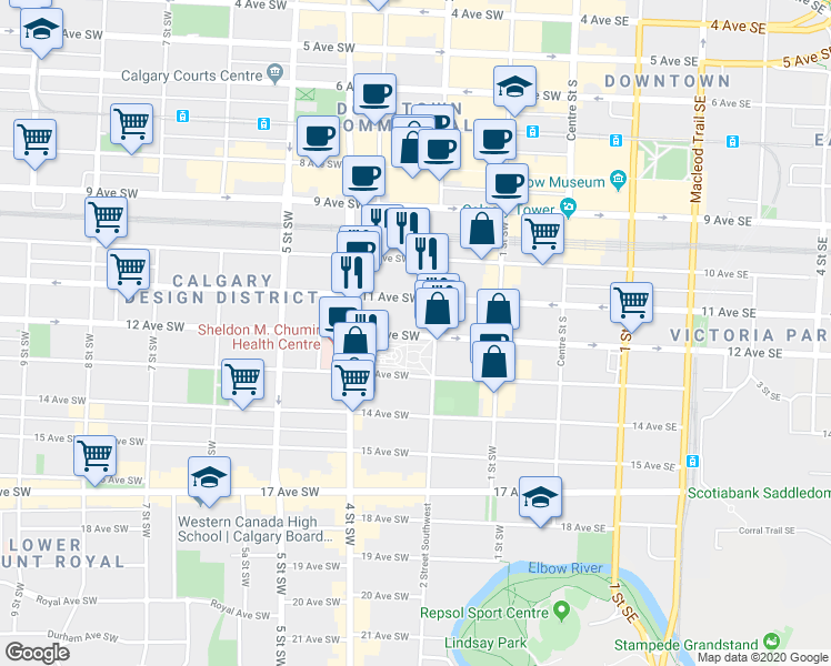 map of restaurants, bars, coffee shops, grocery stores, and more near 310 12 Avenue Southwest in Calgary
