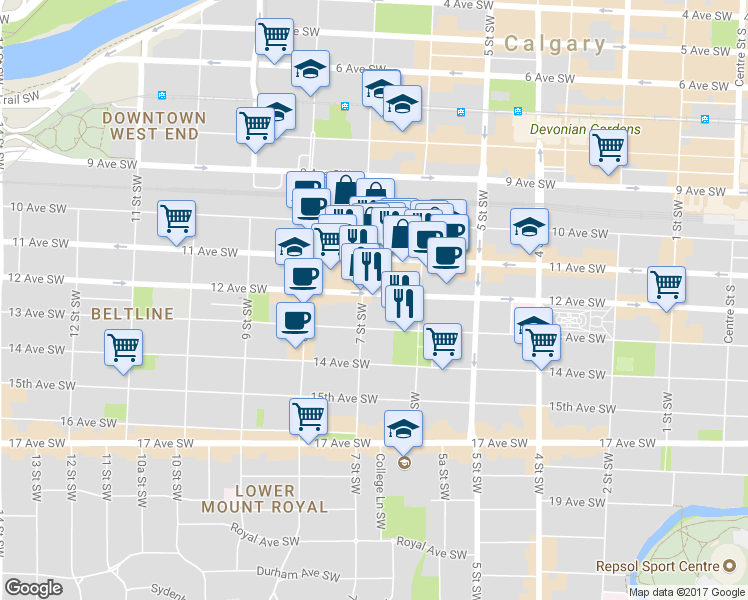 map of restaurants, bars, coffee shops, grocery stores, and more near 740 12 Avenue Southwest in Calgary