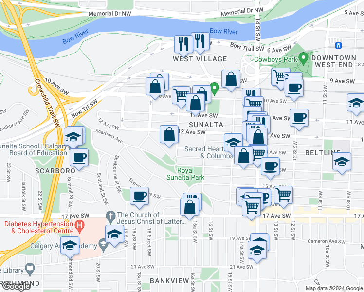 map of restaurants, bars, coffee shops, grocery stores, and more near 1213 17 Street Southwest in Calgary