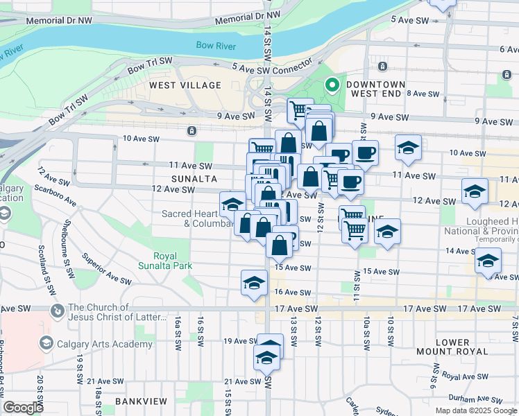 map of restaurants, bars, coffee shops, grocery stores, and more near 1104 14 Street Southwest in Calgary