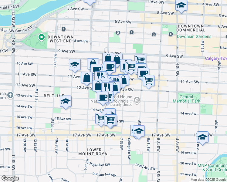 map of restaurants, bars, coffee shops, grocery stores, and more near 825 12 Avenue Southwest in Calgary