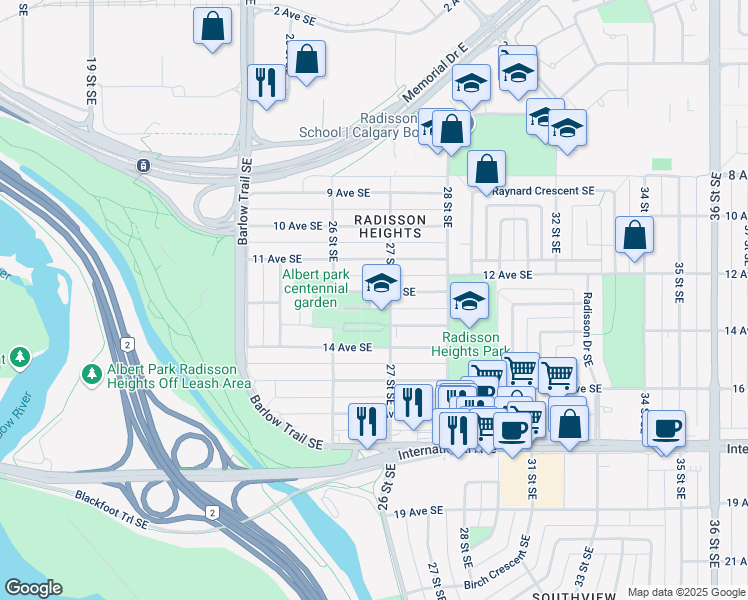 map of restaurants, bars, coffee shops, grocery stores, and more near 2731 12 Avenue Southeast in Calgary
