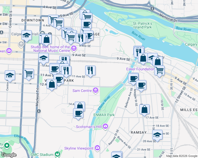 map of restaurants, bars, coffee shops, grocery stores, and more near 702 11 Avenue Southeast in Calgary