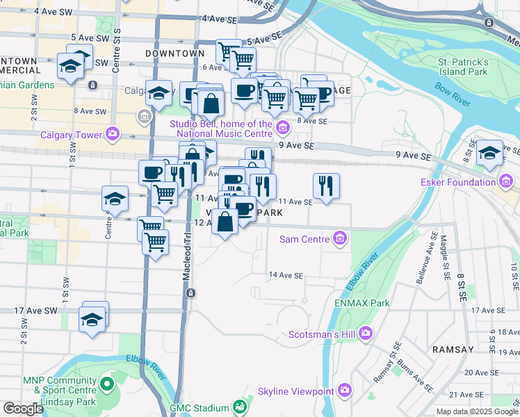 map of restaurants, bars, coffee shops, grocery stores, and more near 411 11 Avenue Southeast in Calgary