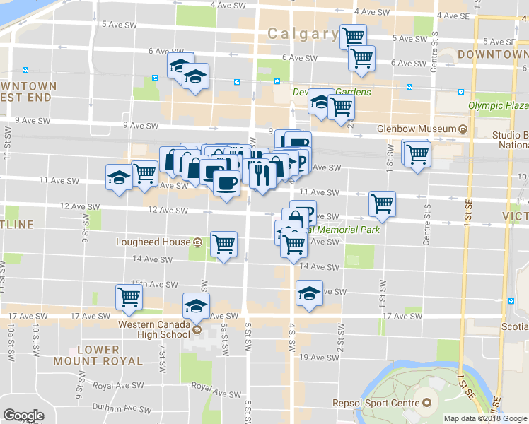 map of restaurants, bars, coffee shops, grocery stores, and more near in Calgary