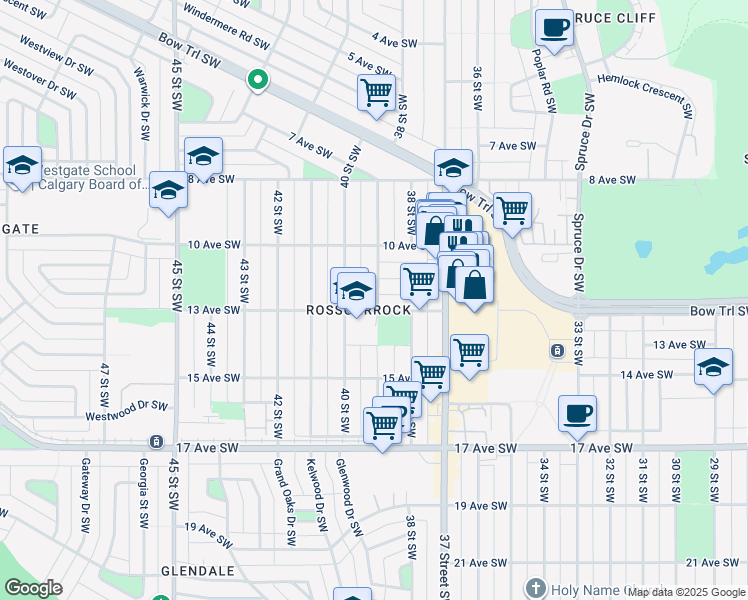 map of restaurants, bars, coffee shops, grocery stores, and more near 3933 12 Avenue Southwest in Calgary