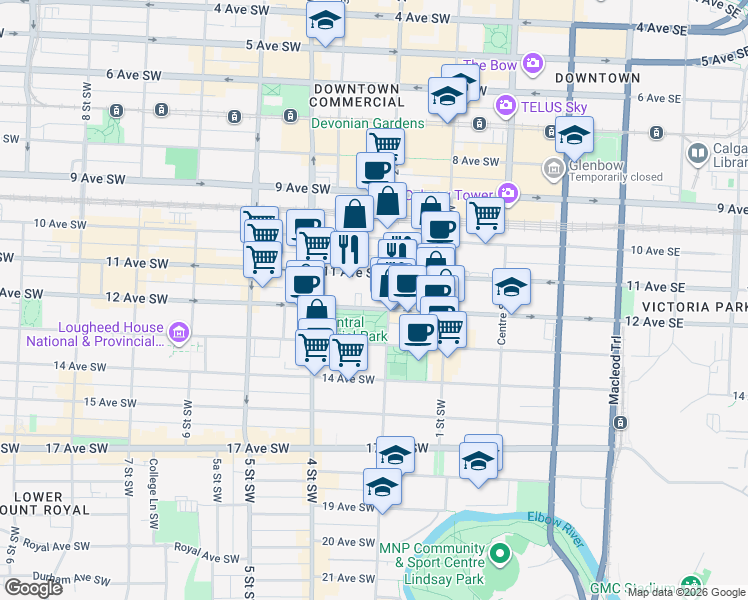 map of restaurants, bars, coffee shops, grocery stores, and more near 310 12 Avenue Southwest in Calgary