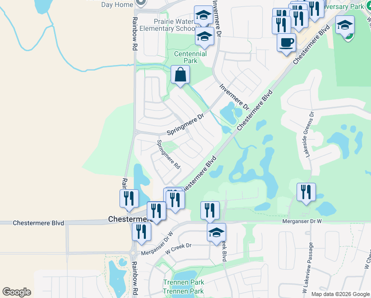map of restaurants, bars, coffee shops, grocery stores, and more near 140 Springmere Close in Chestermere