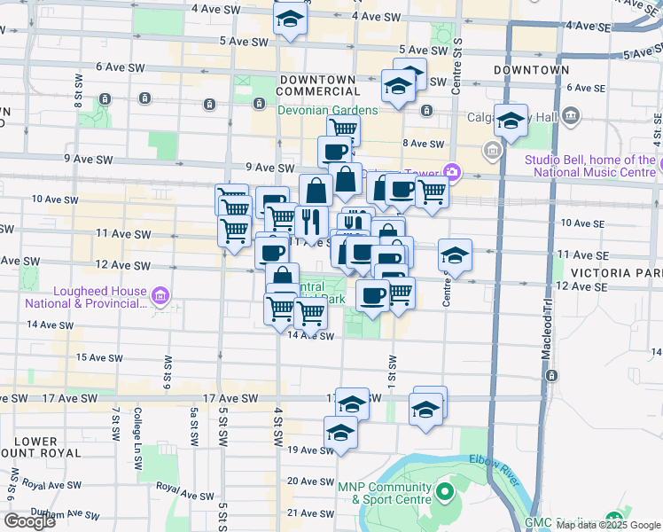 map of restaurants, bars, coffee shops, grocery stores, and more near 310 12 Avenue Southwest in Calgary