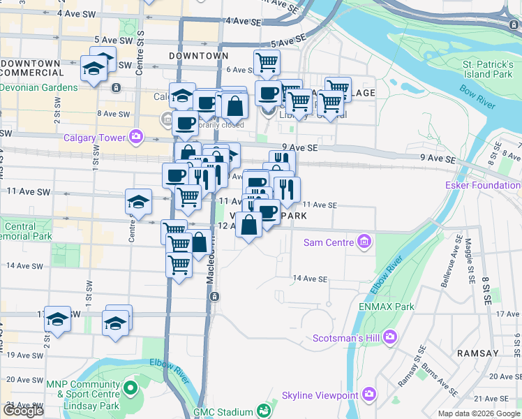 map of restaurants, bars, coffee shops, grocery stores, and more near 403a 11 Avenue Southeast in Calgary