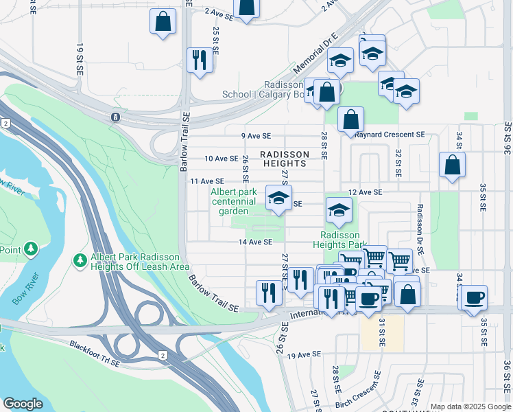 map of restaurants, bars, coffee shops, grocery stores, and more near in Calgary