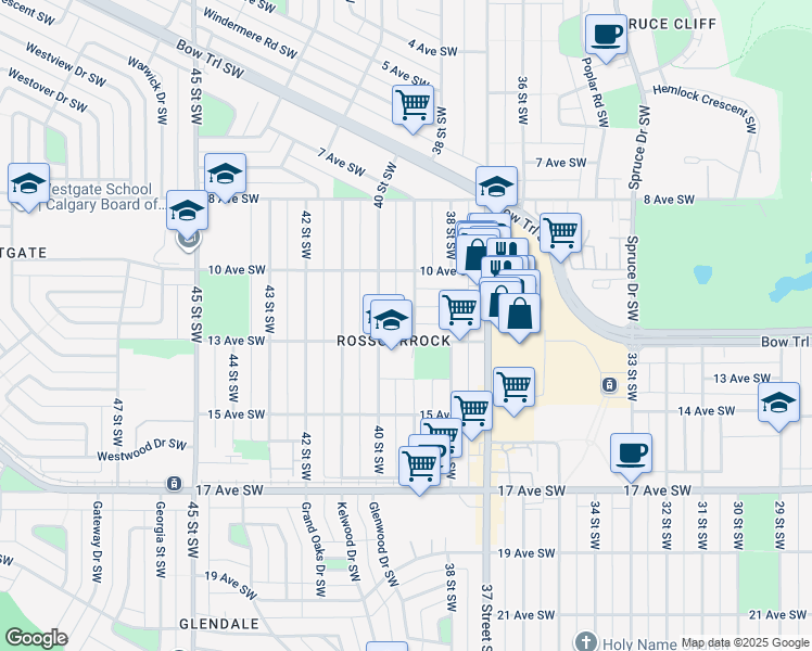 map of restaurants, bars, coffee shops, grocery stores, and more near 3933 12 Avenue Southwest in Calgary