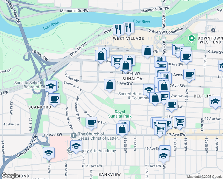 map of restaurants, bars, coffee shops, grocery stores, and more near 1213 17 Street Southwest in Calgary