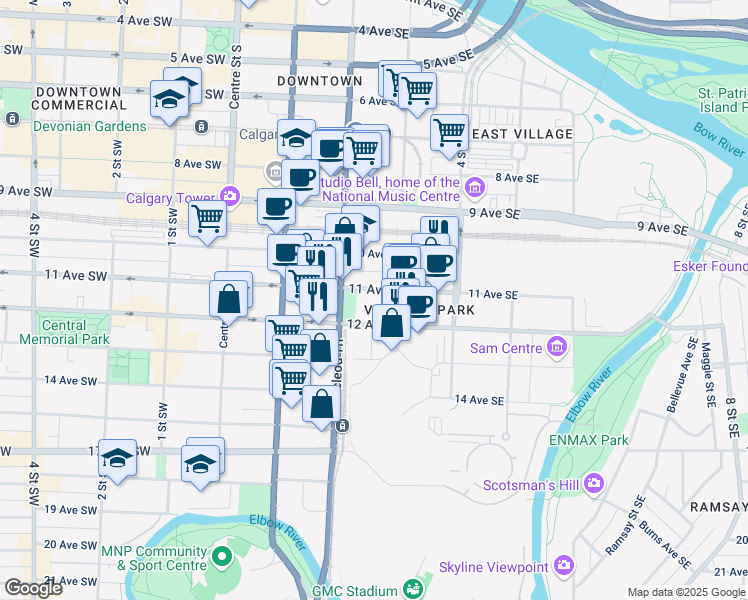 map of restaurants, bars, coffee shops, grocery stores, and more near 323 11 Avenue Southeast in Calgary