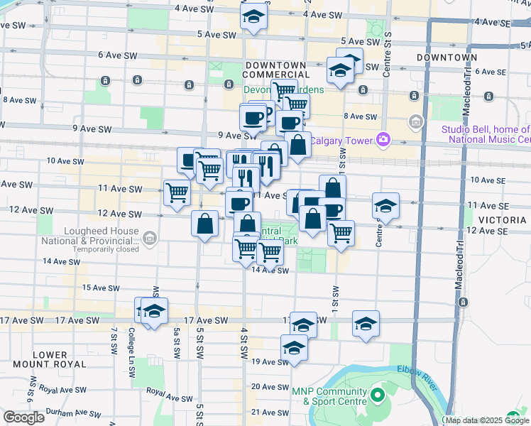 map of restaurants, bars, coffee shops, grocery stores, and more near 340 12 Avenue Southwest in Calgary