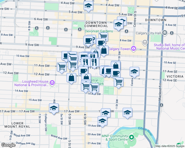 map of restaurants, bars, coffee shops, grocery stores, and more near 340 12 Avenue Southwest in Calgary