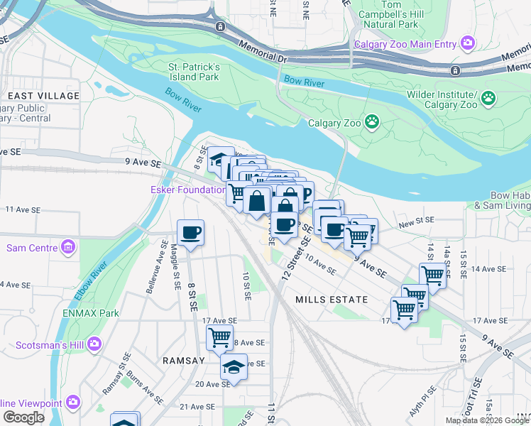 map of restaurants, bars, coffee shops, grocery stores, and more near 1139 9 Avenue Southeast in Calgary