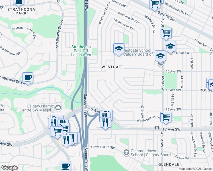 map of restaurants, bars, coffee shops, grocery stores, and more near West Glen Crescent Southwest in Calgary