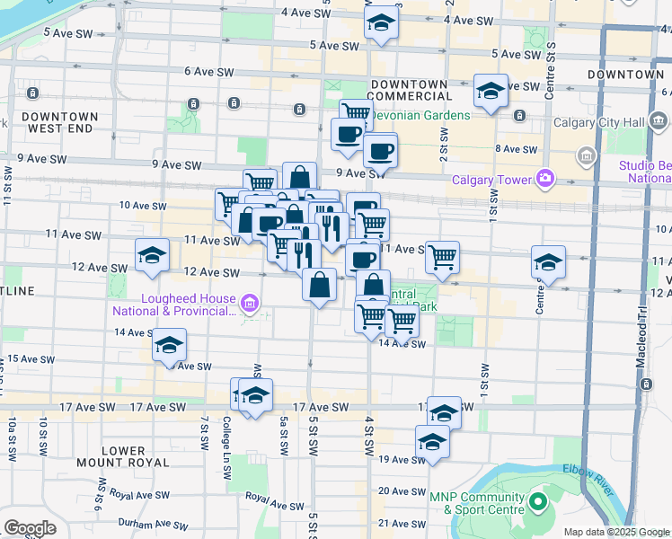 map of restaurants, bars, coffee shops, grocery stores, and more near in Calgary