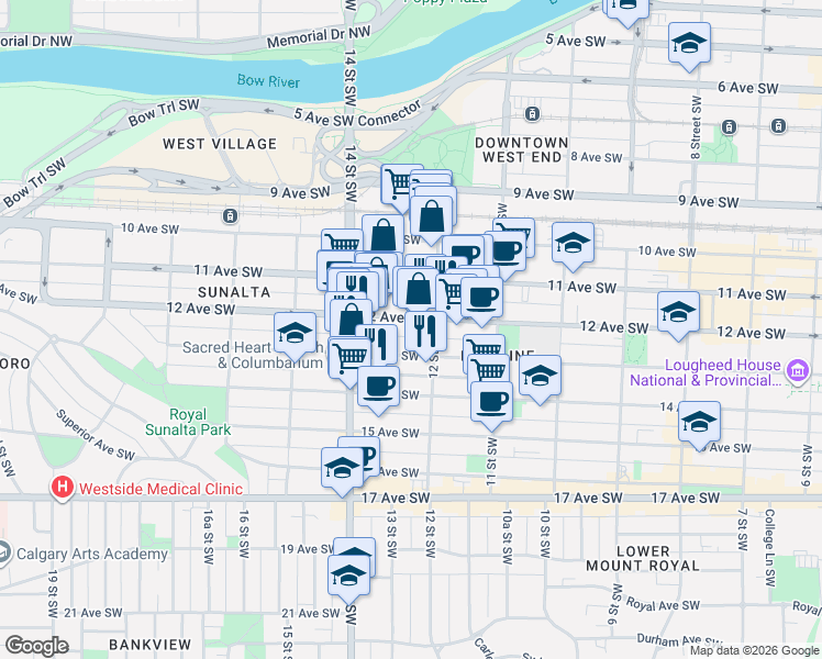 map of restaurants, bars, coffee shops, grocery stores, and more near 1315 12 Avenue Southwest in Calgary