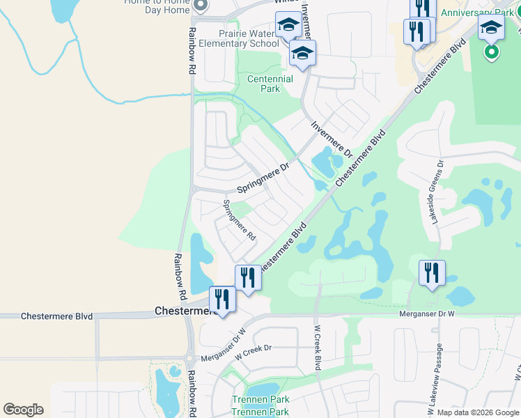 map of restaurants, bars, coffee shops, grocery stores, and more near 140 Springmere Close in Chestermere