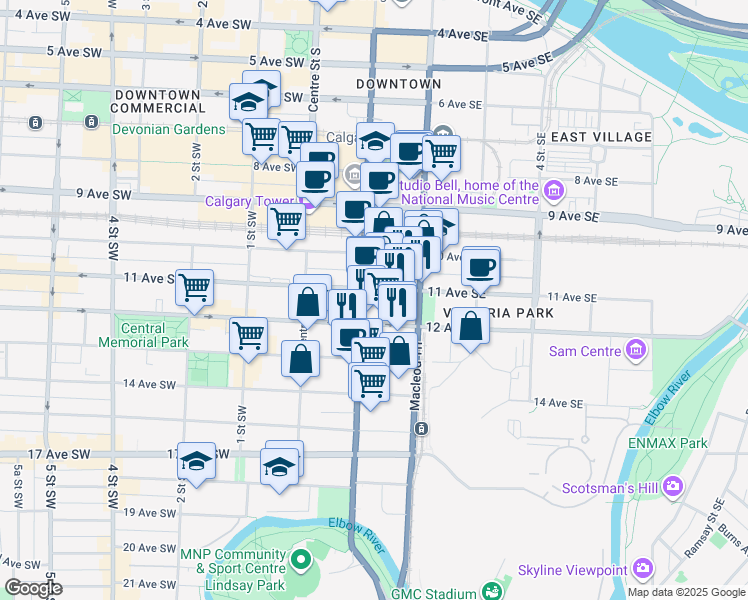 map of restaurants, bars, coffee shops, grocery stores, and more near 1100 1 Street Southeast in Calgary