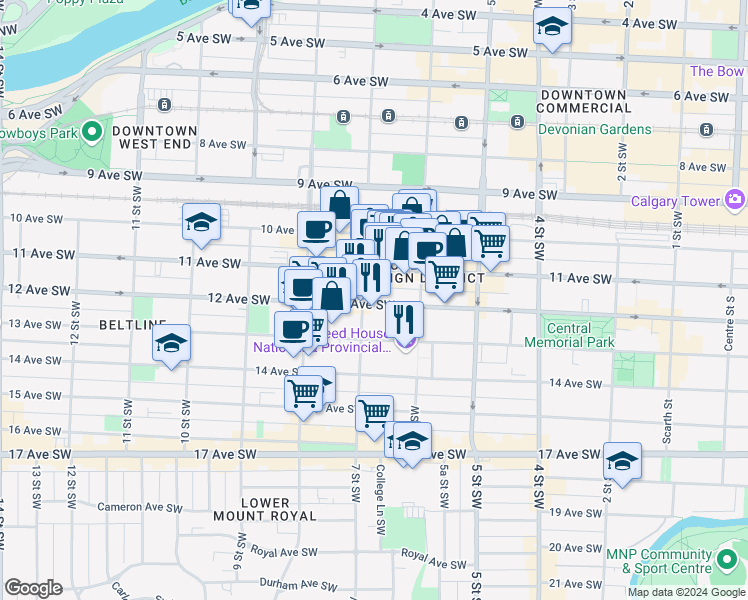 map of restaurants, bars, coffee shops, grocery stores, and more near 740 12 Avenue Southwest in Calgary