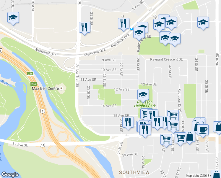 map of restaurants, bars, coffee shops, grocery stores, and more near 2716 12 Ave SE in Calgary