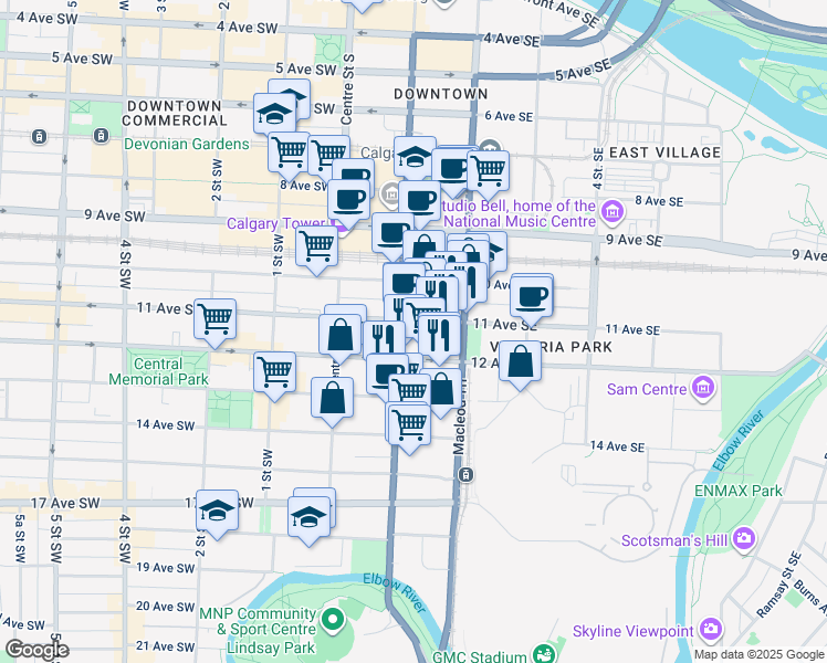 map of restaurants, bars, coffee shops, grocery stores, and more near 1100 1 Street Southeast in Calgary