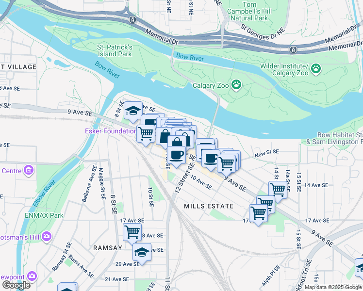 map of restaurants, bars, coffee shops, grocery stores, and more near 1214 9 Avenue Southeast in Calgary