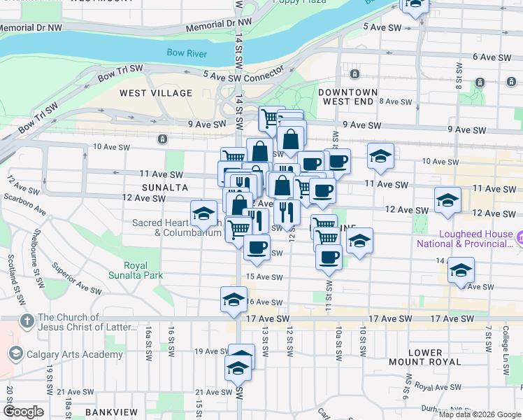 map of restaurants, bars, coffee shops, grocery stores, and more near 1335 12 Avenue Southwest in Calgary