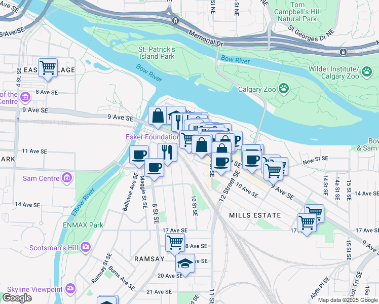 map of restaurants, bars, coffee shops, grocery stores, and more near 1007 10 Street Southeast in Calgary