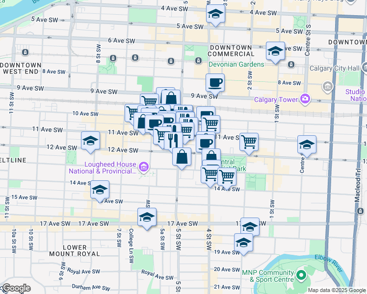 map of restaurants, bars, coffee shops, grocery stores, and more near in Calgary