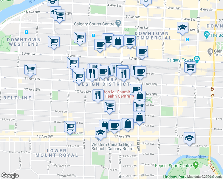 map of restaurants, bars, coffee shops, grocery stores, and more near in Calgary