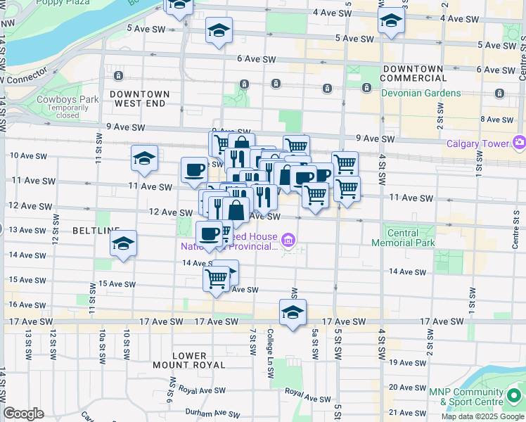 map of restaurants, bars, coffee shops, grocery stores, and more near 740 12 Avenue Southwest in Calgary