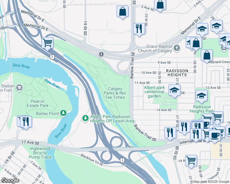 map of restaurants, bars, coffee shops, grocery stores, and more near 1001 Barlow Trail Southeast in Calgary